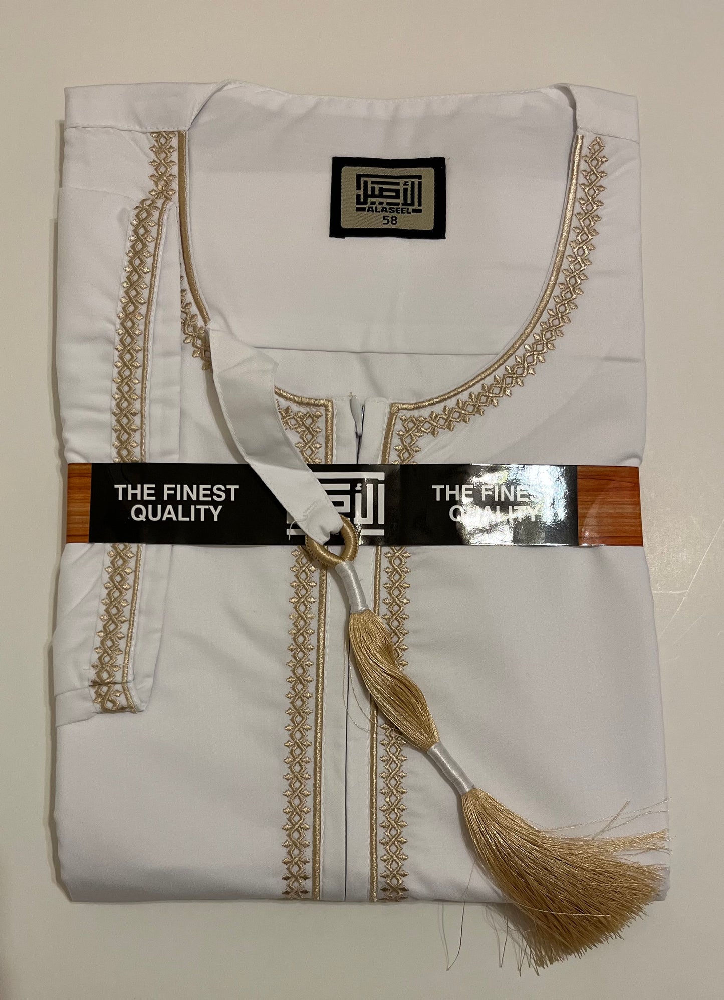 Al Aseel White Omani Thobe with Gold Embroidery & Tassel – Multiple Sizes