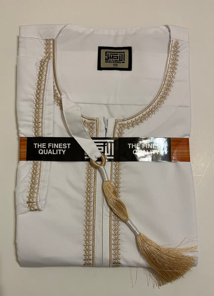 Al Aseel White Omani Thobe with Gold Embroidery & Tassel – Multiple Sizes